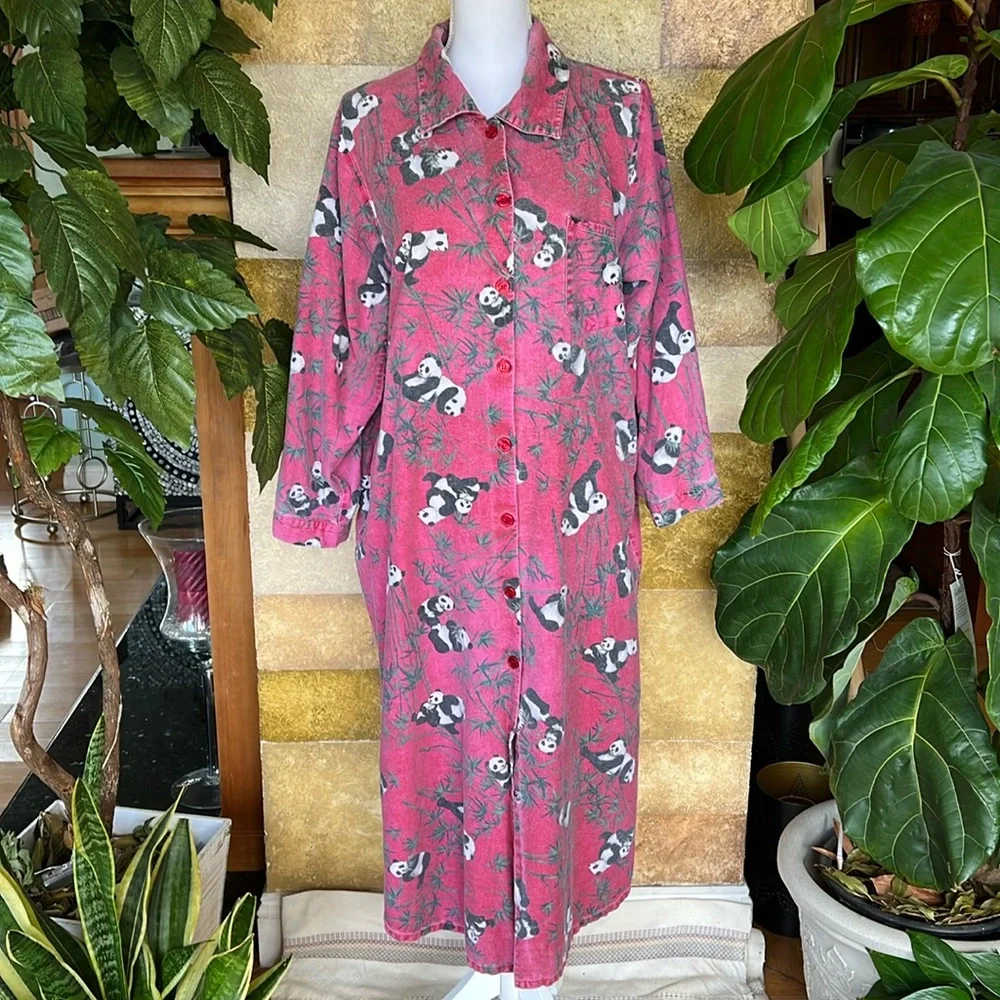 National Wildlife Federation Panda Pj Button Down 100% Cotton Night Gown Dress - Picture 2 of 13
